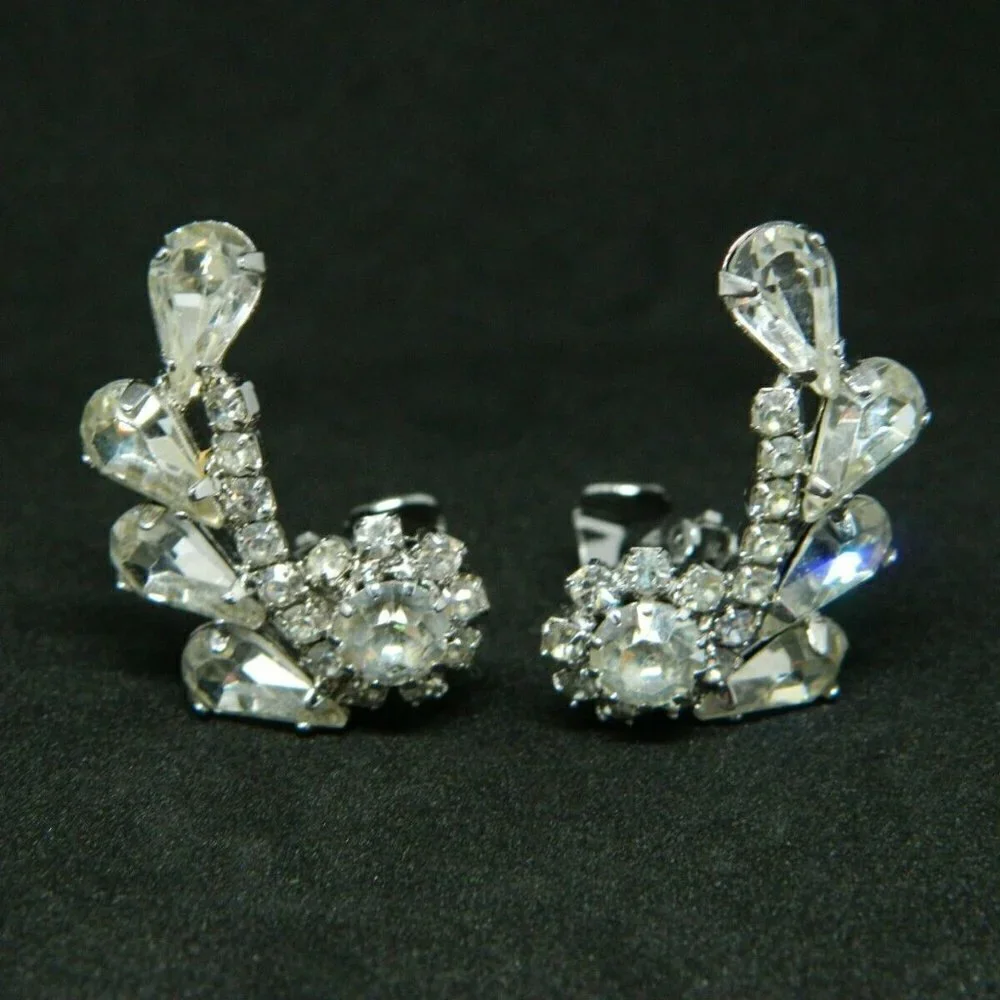 Silver Tone Clear Rhinestone Art Deco Style